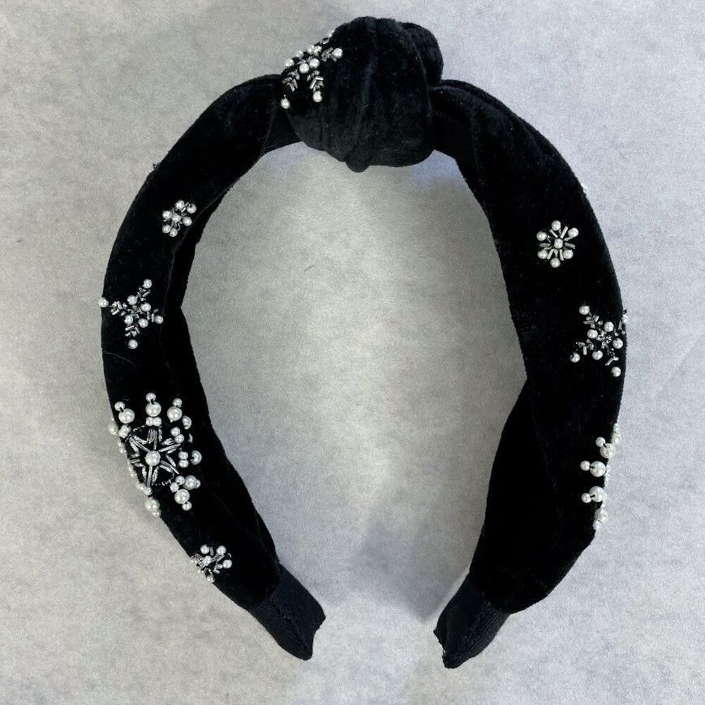 Boden Knotted Embellished Headband Black Velvet Pearl Snowflake Hair Accessory
